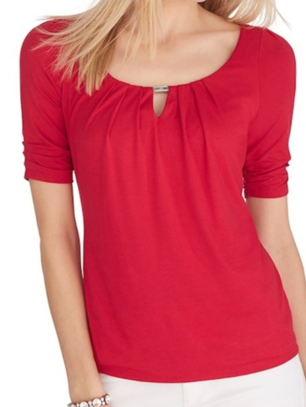 WHBM Red Pleated Scoop Neck Keyhole with Metal Bar Detail Knit Top Size Medium